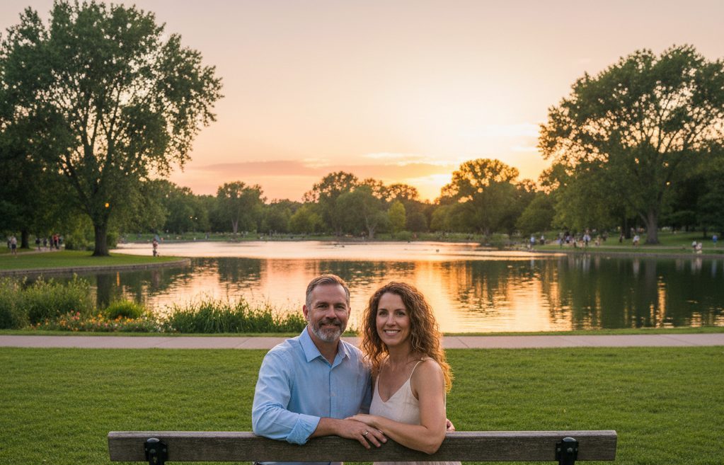 couple sitting on bench in Wash Park