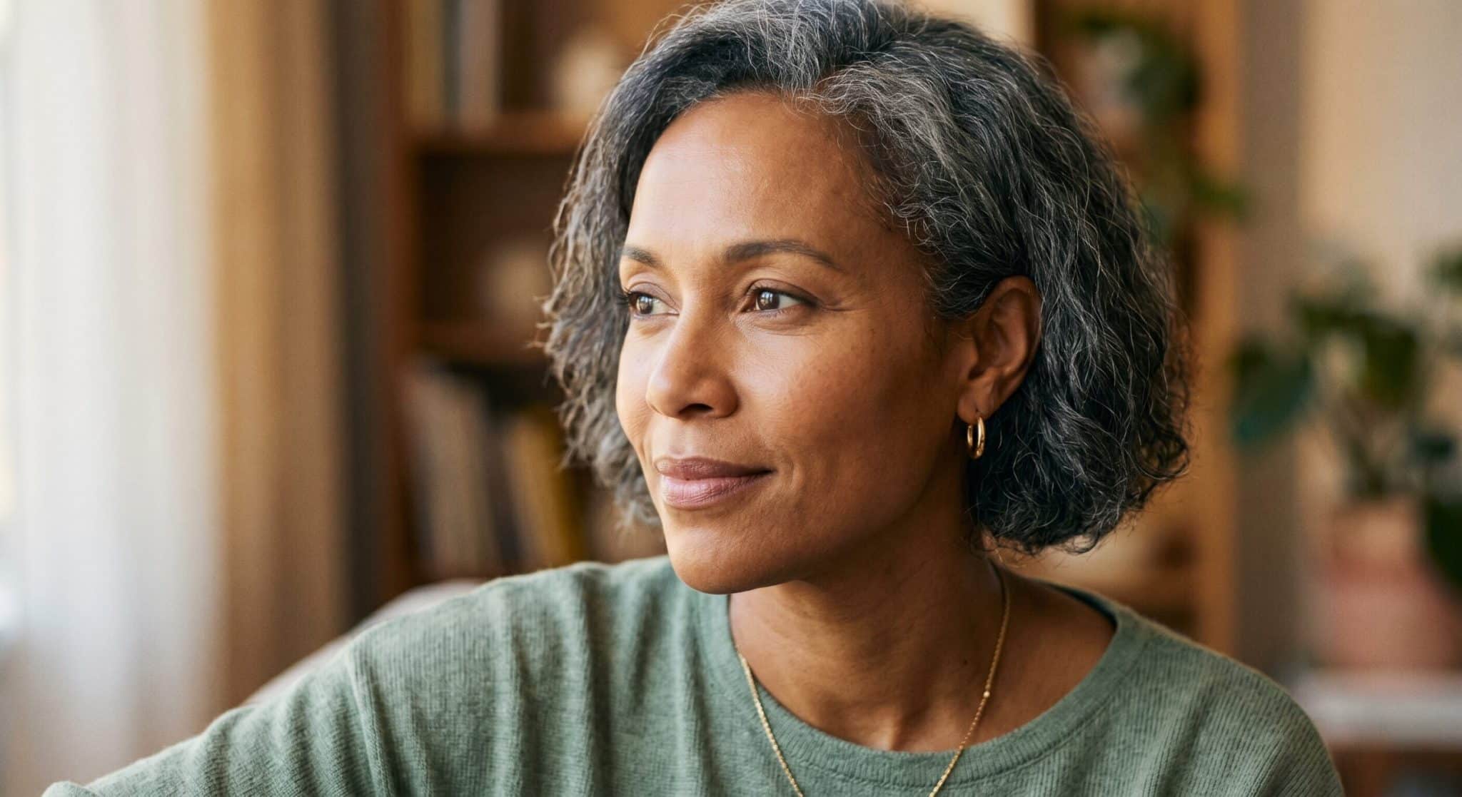 woman staring left of camera mid 40s
