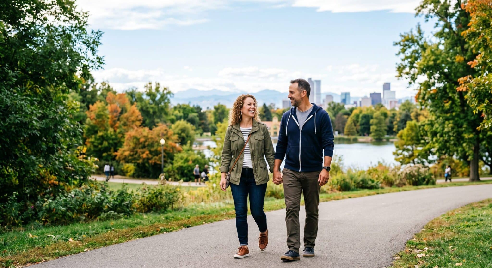 couple walking thru Denver mid 40s