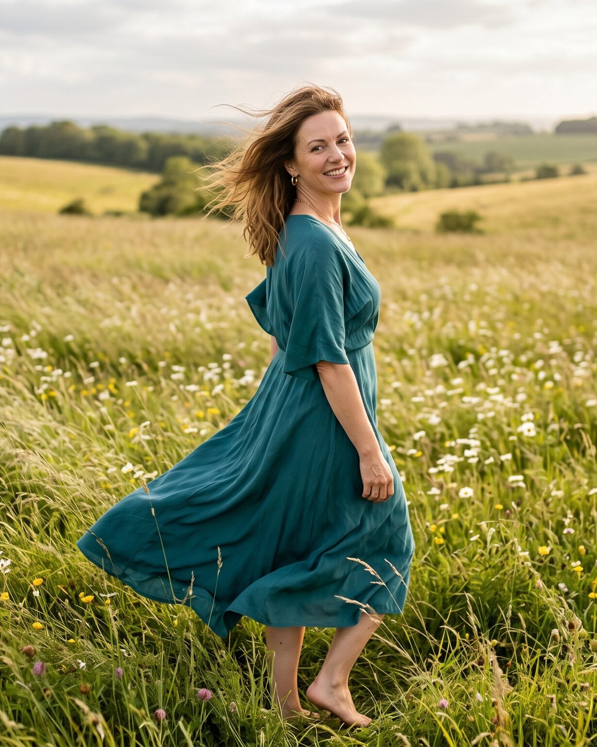 woman standing in field mid 40s long