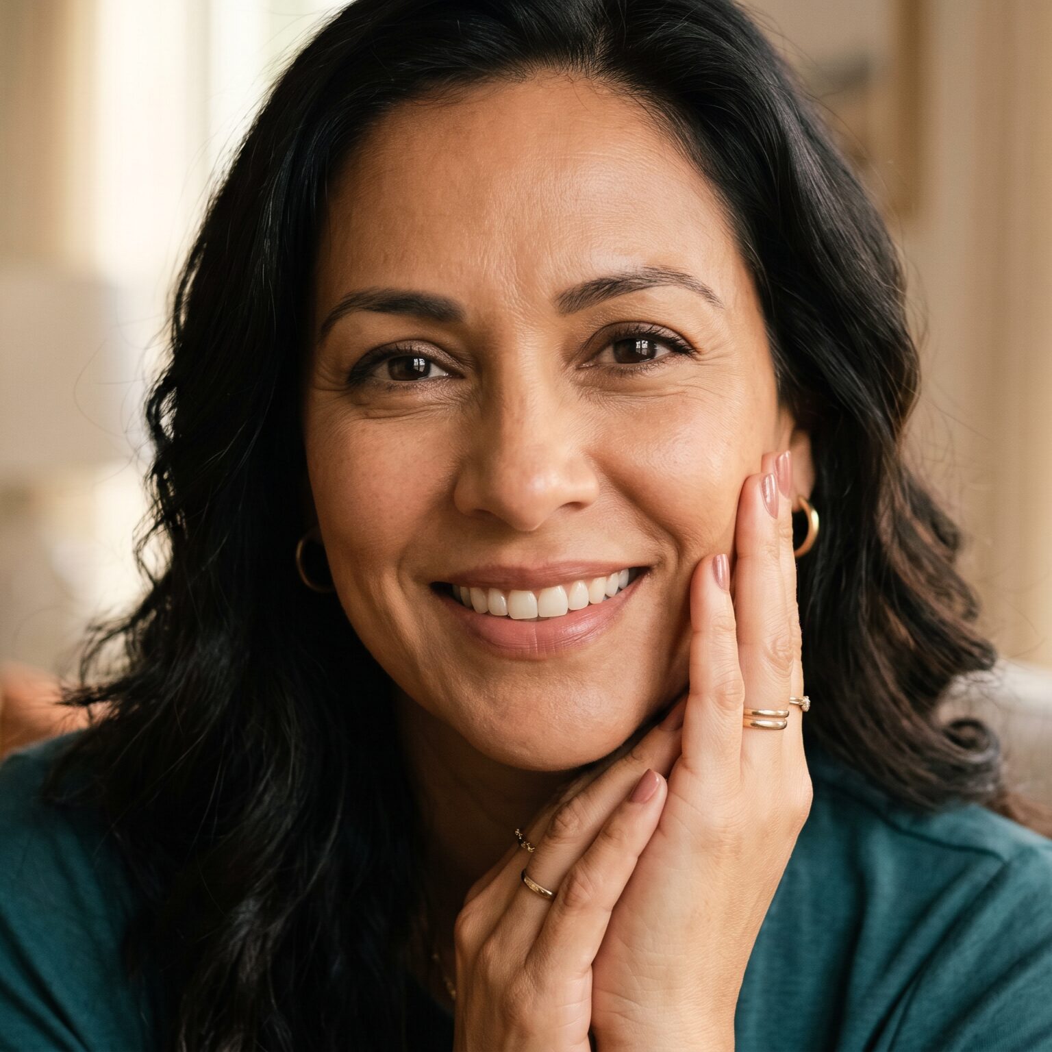 woman mid 40s close up to camera