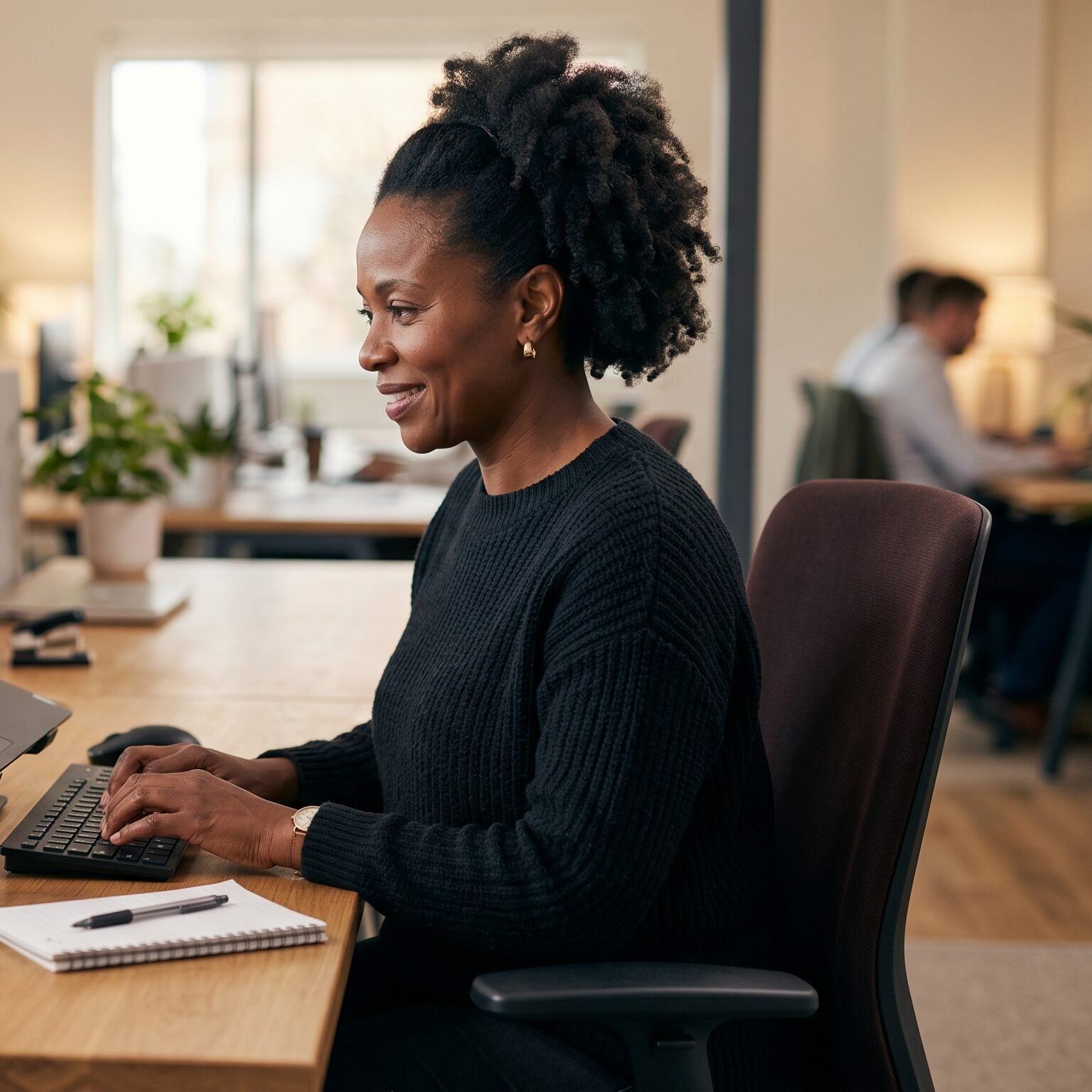 woman working at desk looking right mid 40s