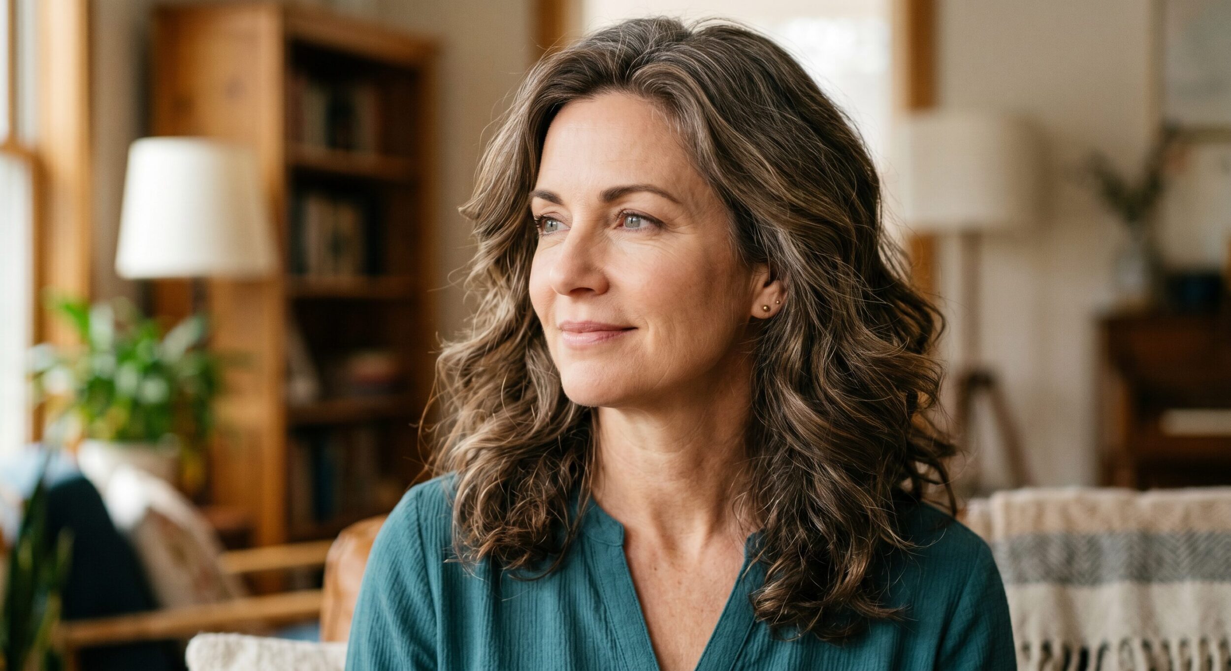 woman with wavy hair looking left of camera mid 40s