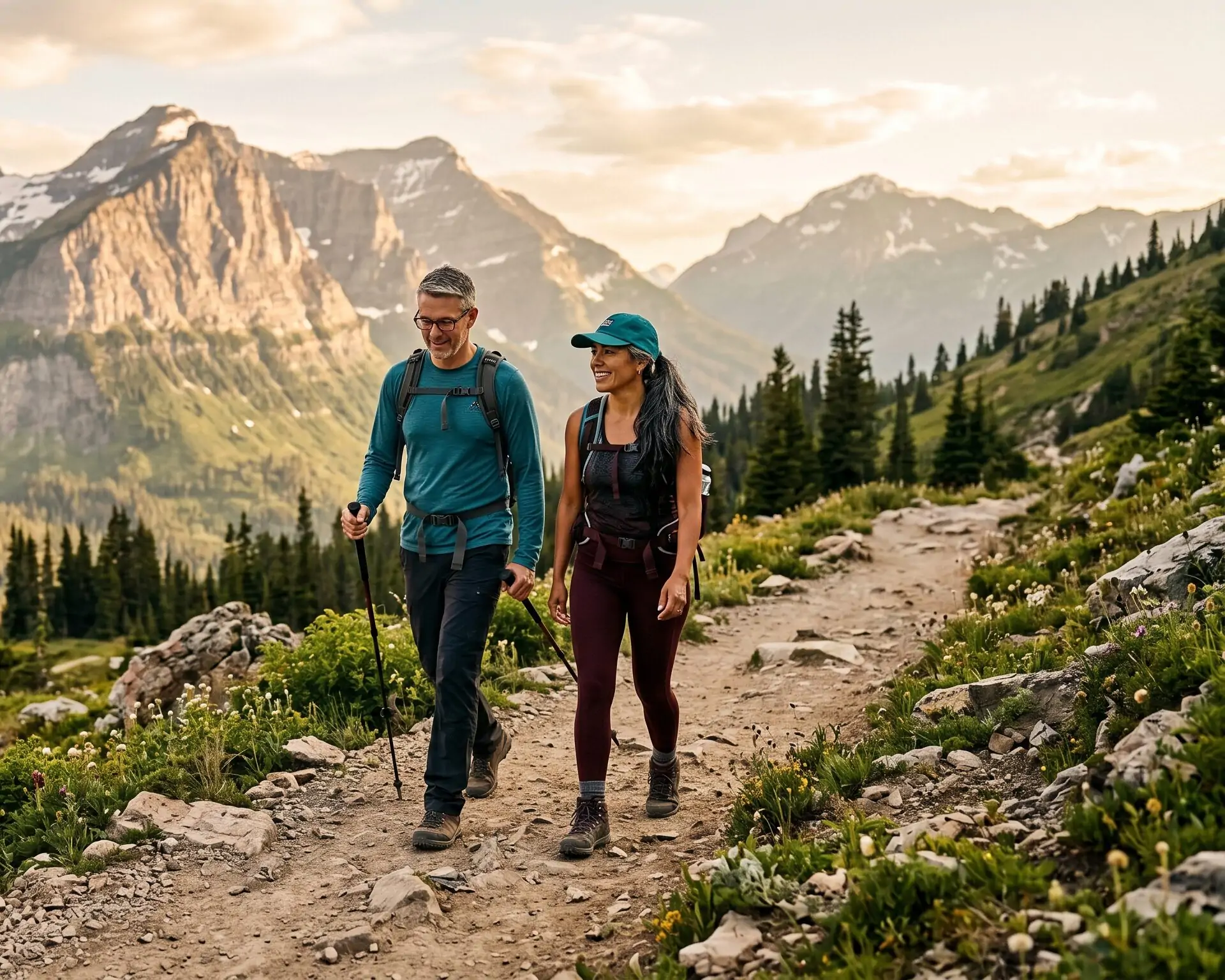 couple hiking at sunset mid 40s gray hair