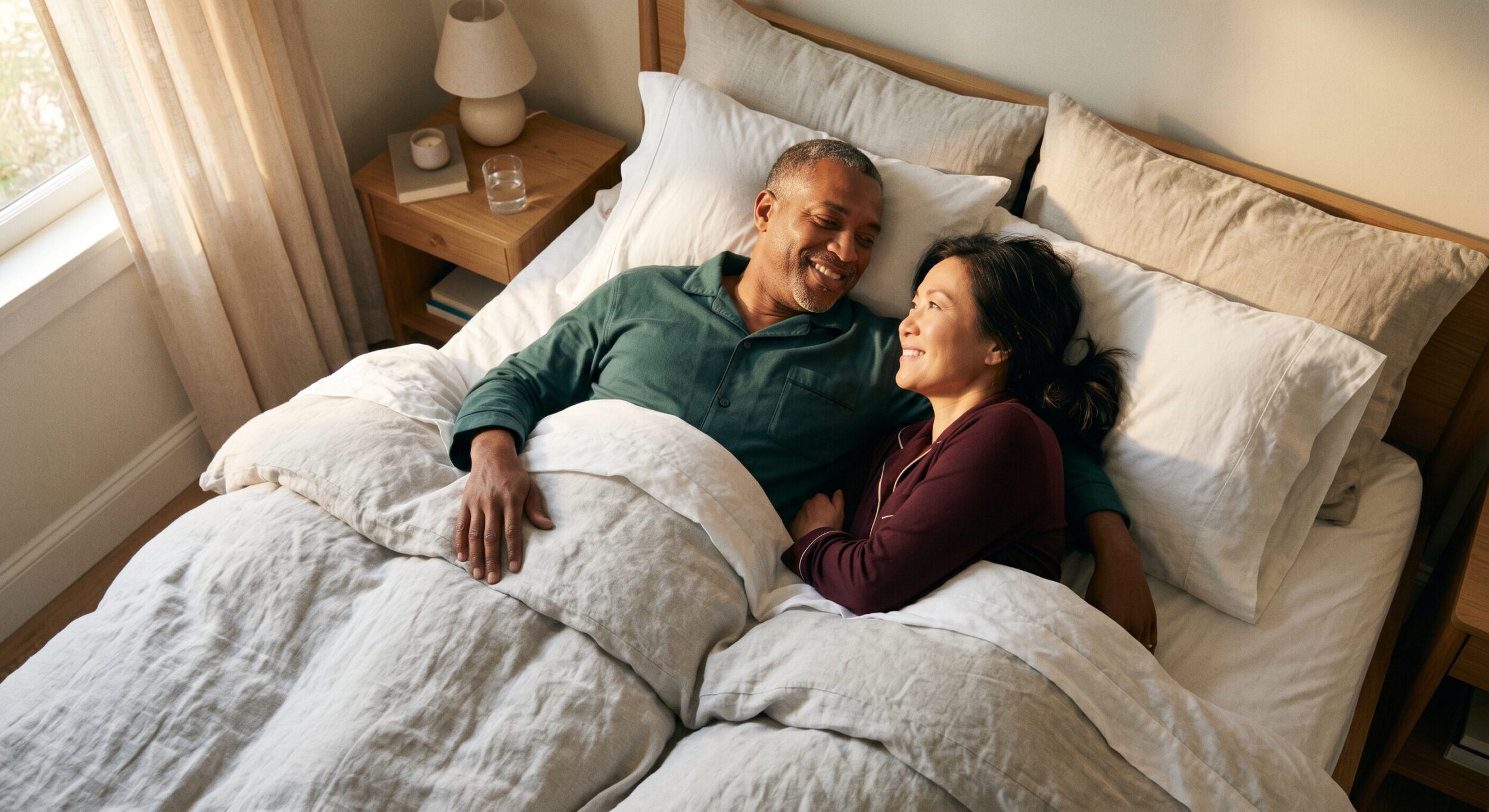 man and woman laying in bed together waking up late 40s