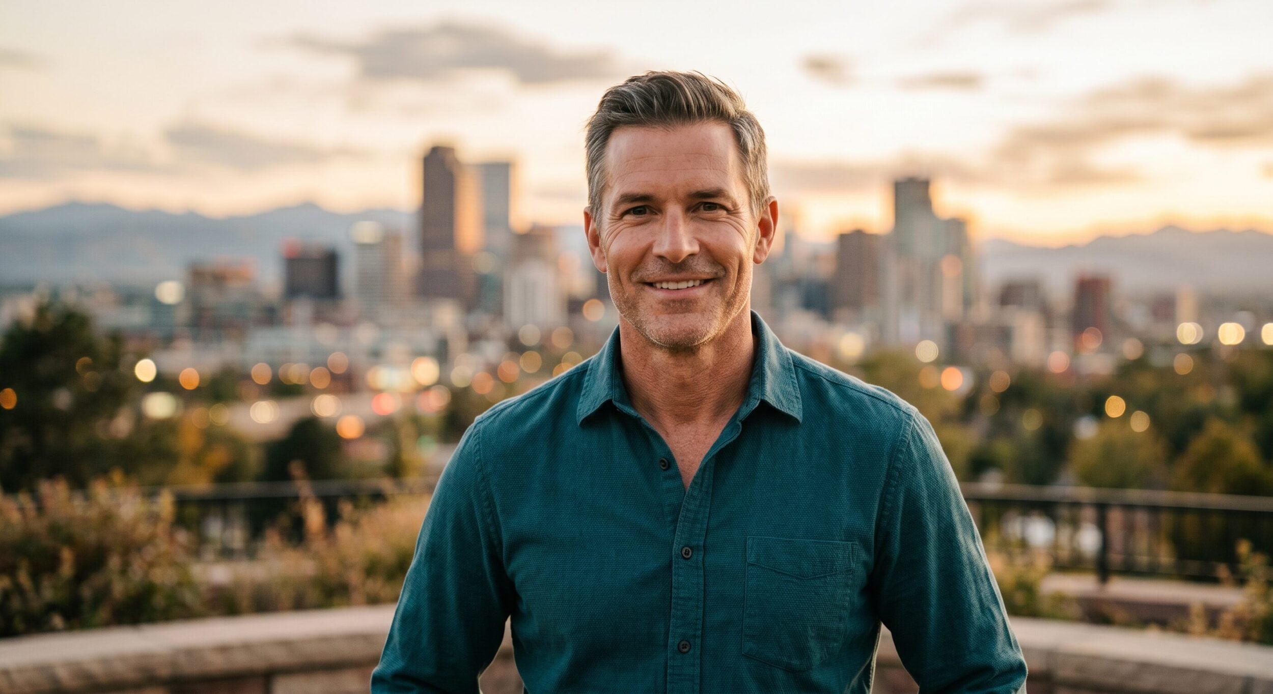 man looking at camera with denver skyline in the background late 40s
