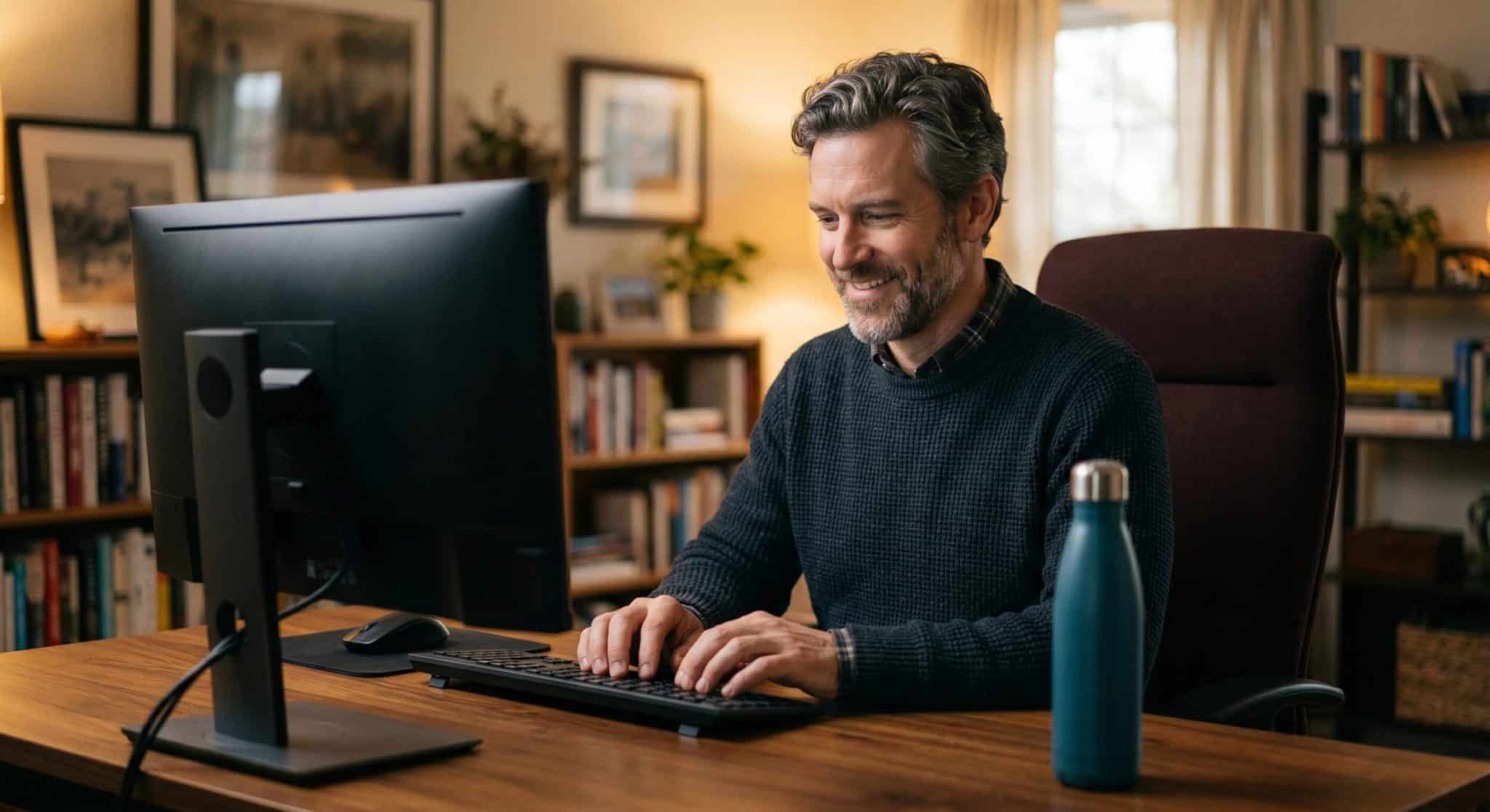 man working at his computer late 40s gray hair