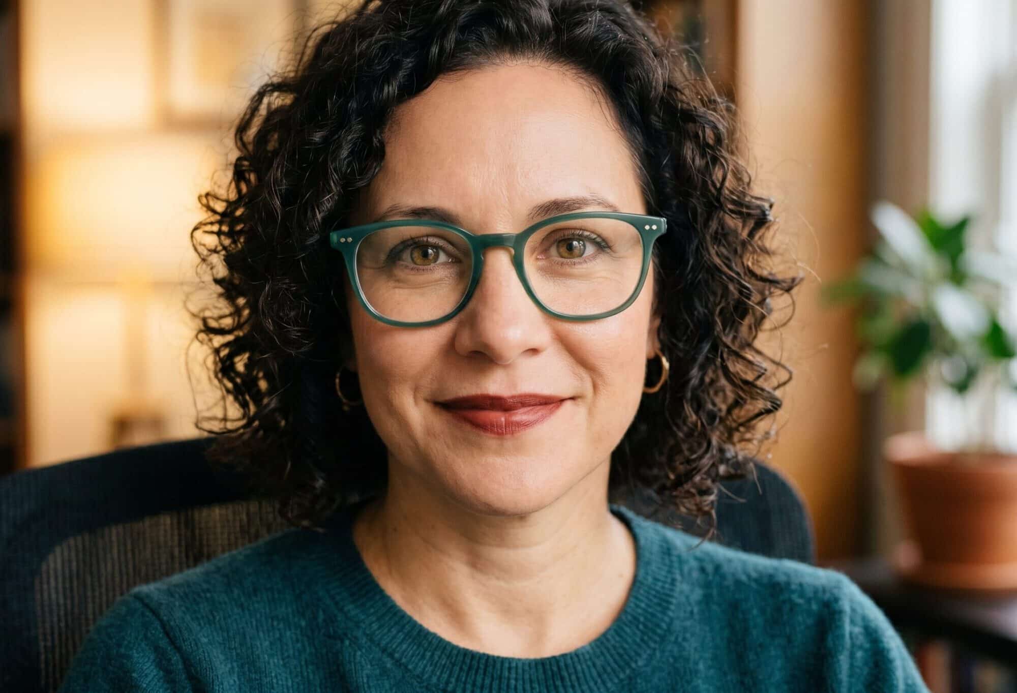 woman with glasses looking into camera mid 40s