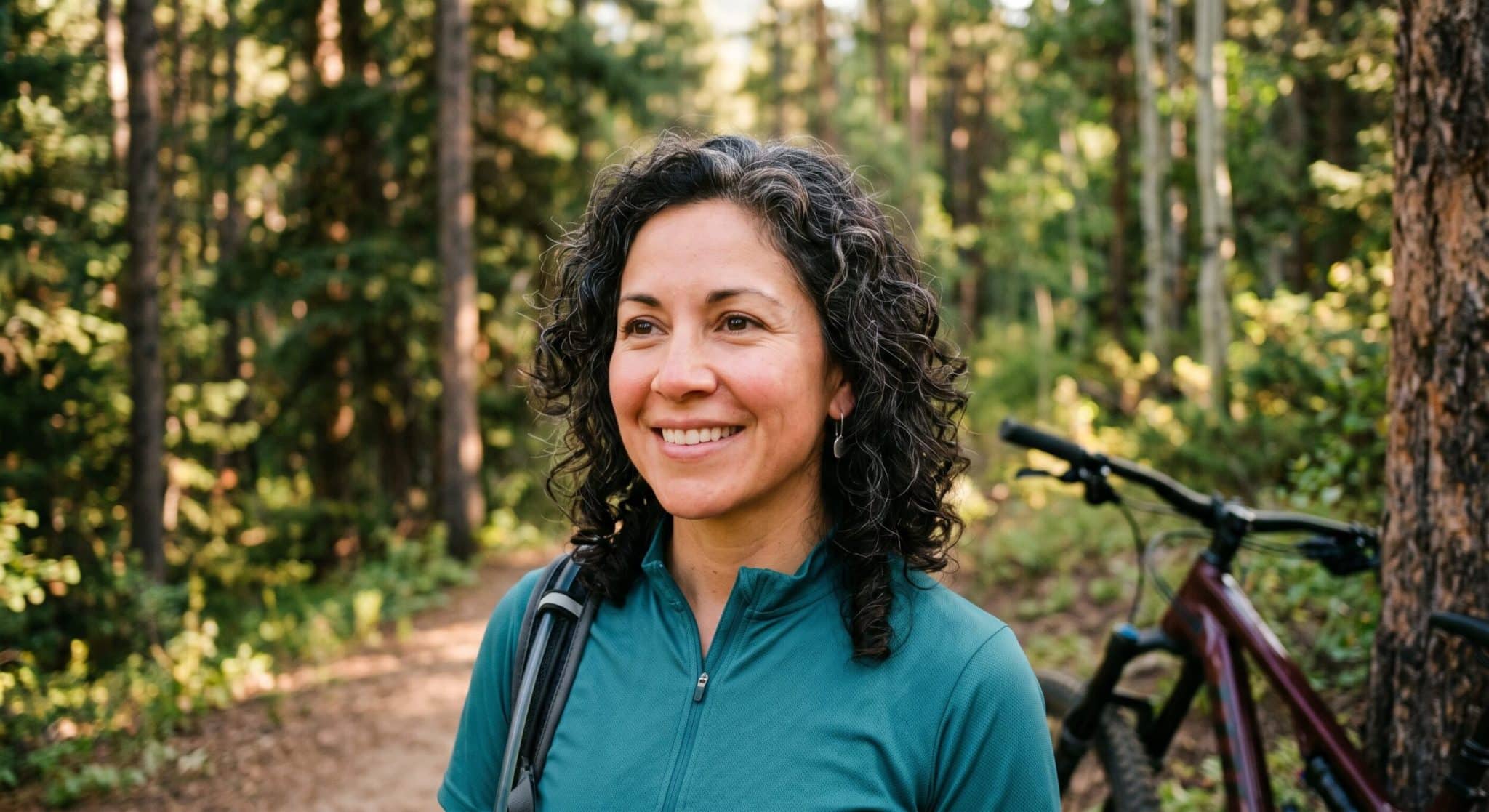 woman biking mid 40s green shirt