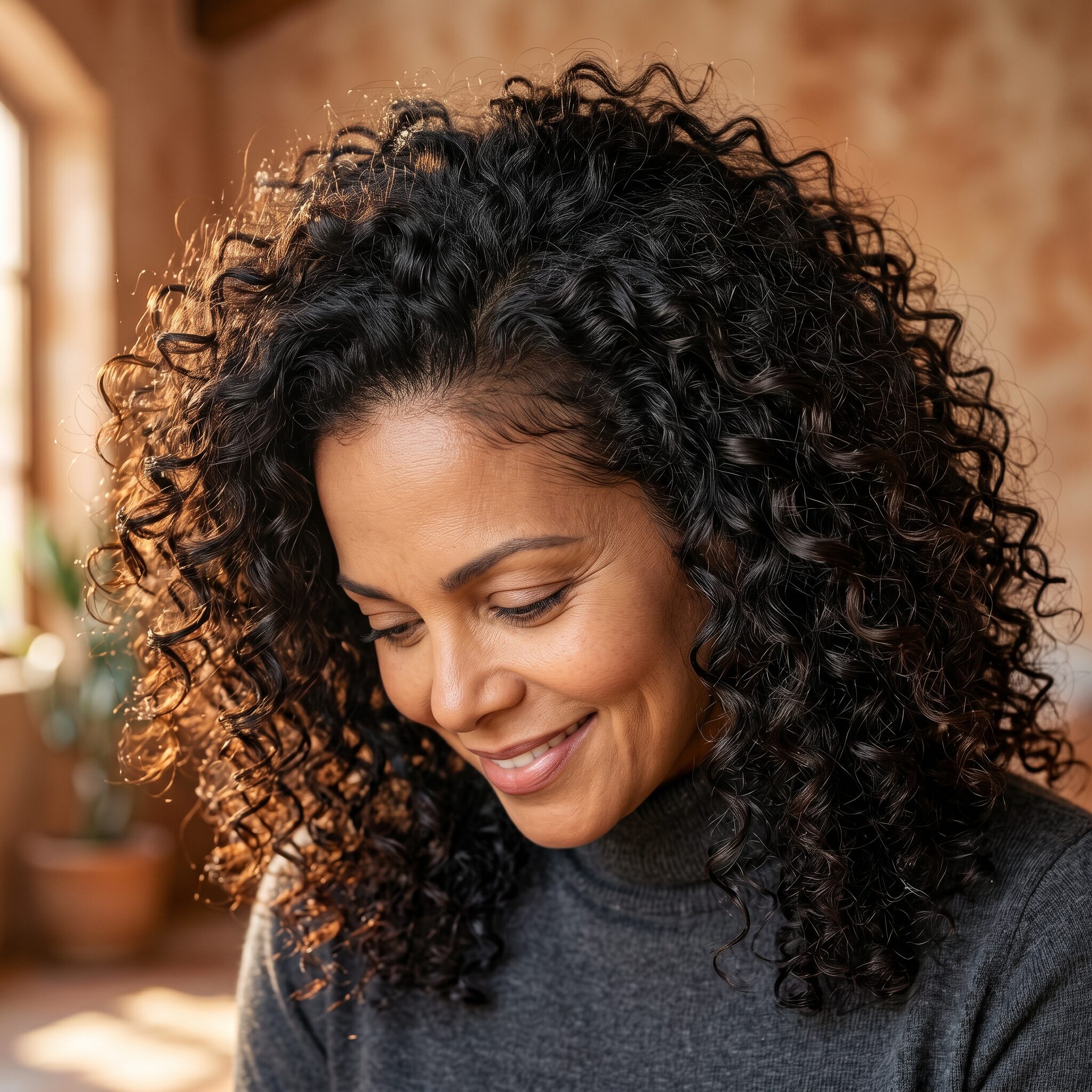 woman with beautiful hair mid 40s looking down