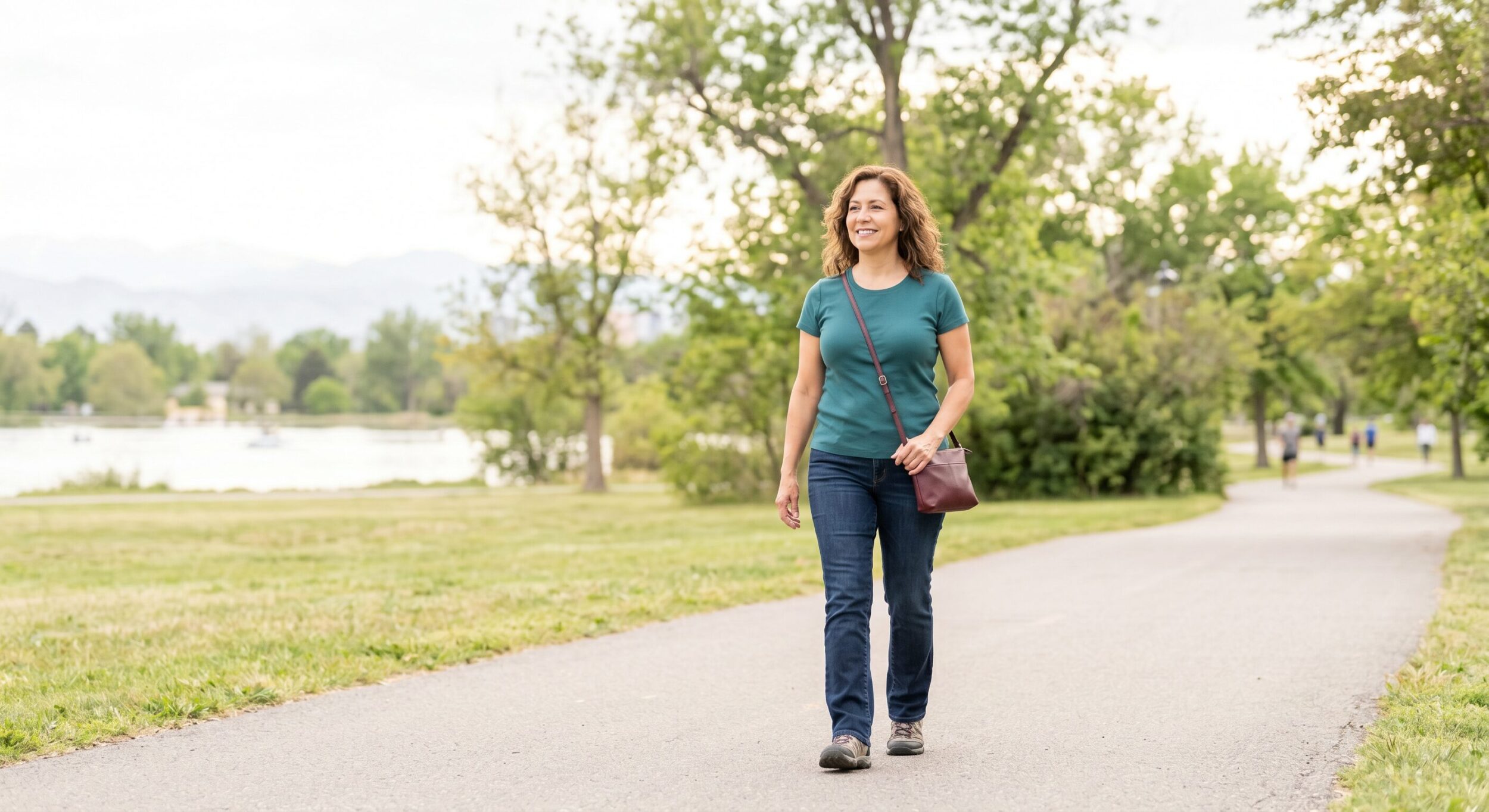 woman walking thru denver park light colors mid 40s