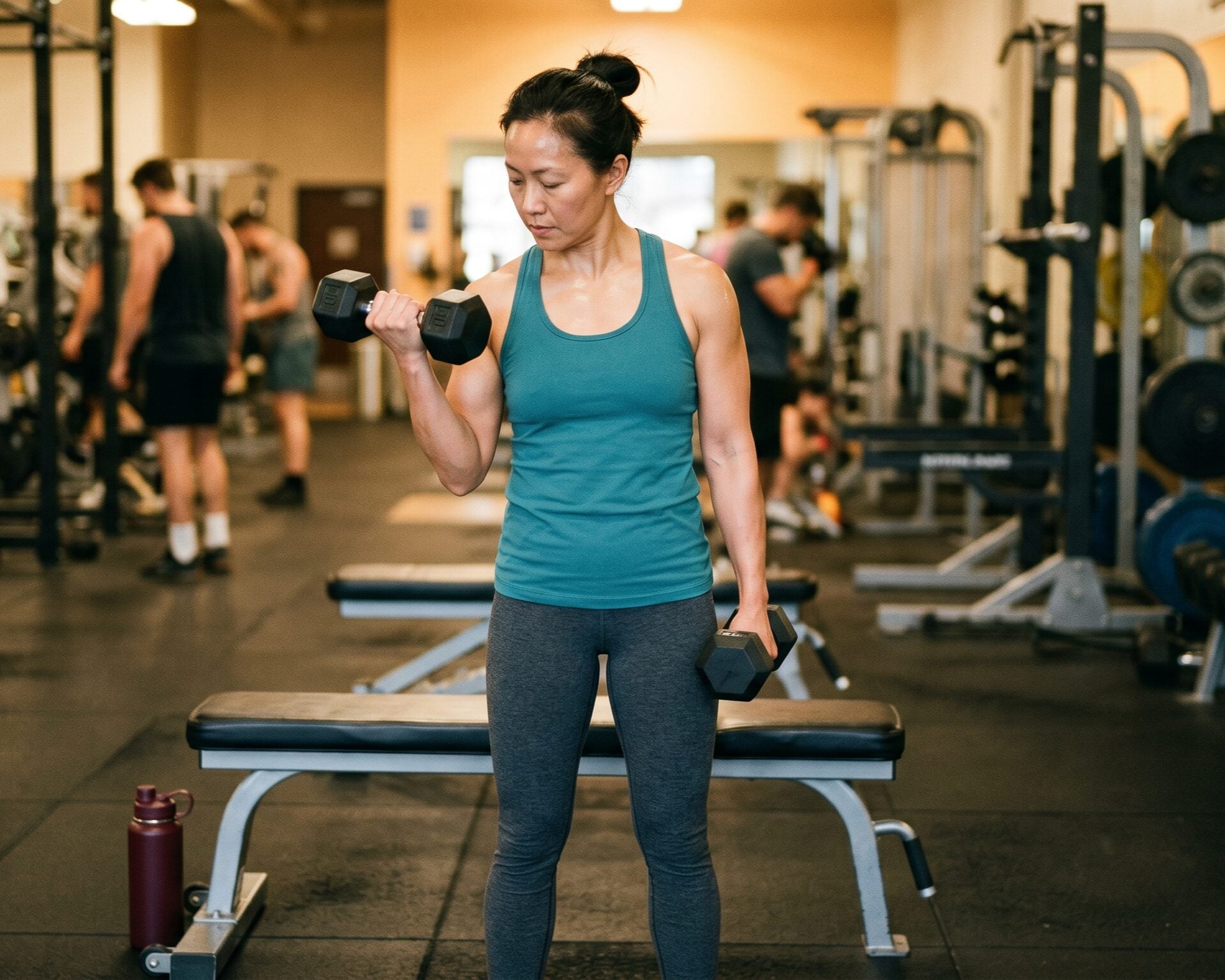 woman working out w dumbbells mid 40s