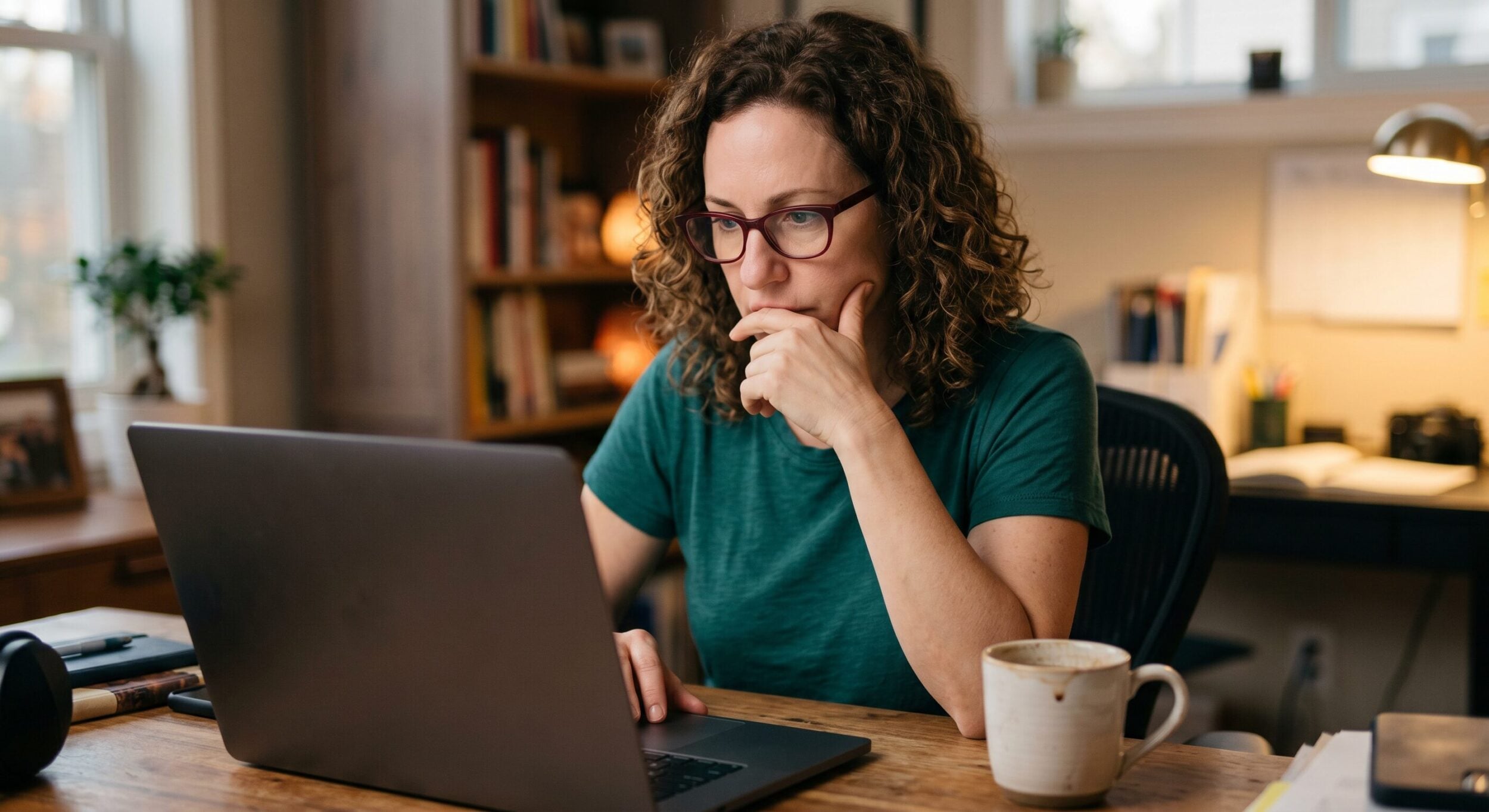 woman curly hair and glasses looking at computer 2