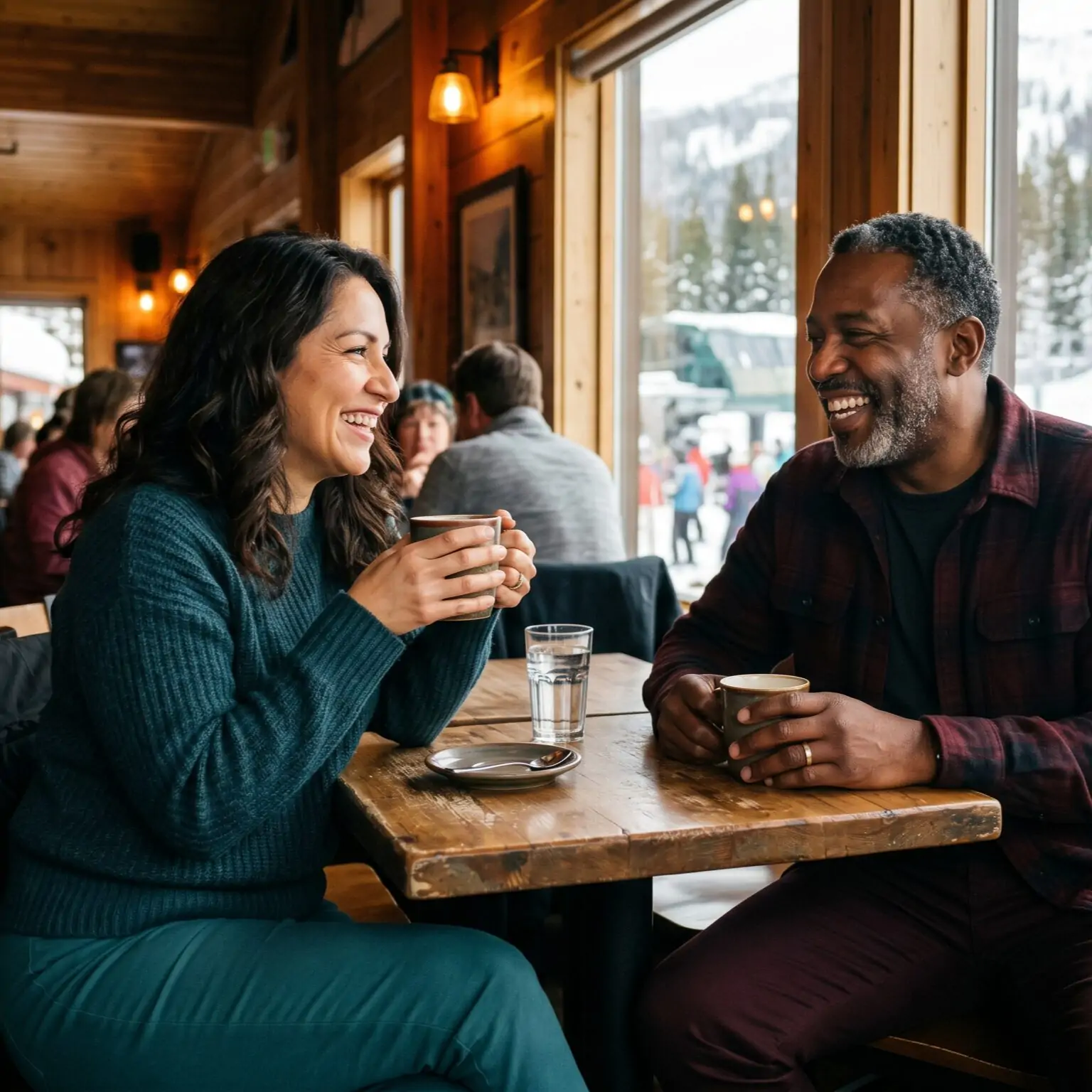 man and woman late 40s at table skiing square