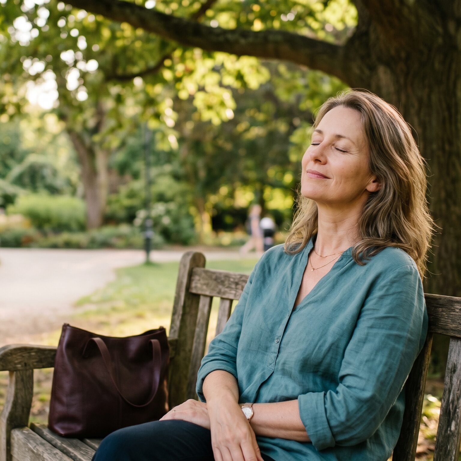 woman relaxing at park mid 40s square