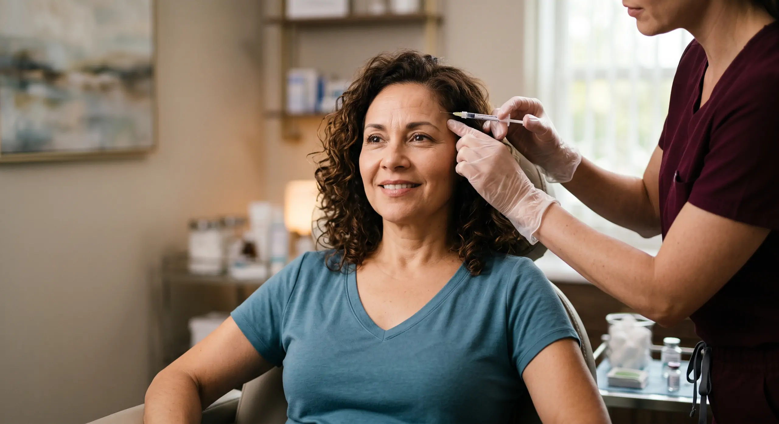woman getting botox injection in her forehead late 40s