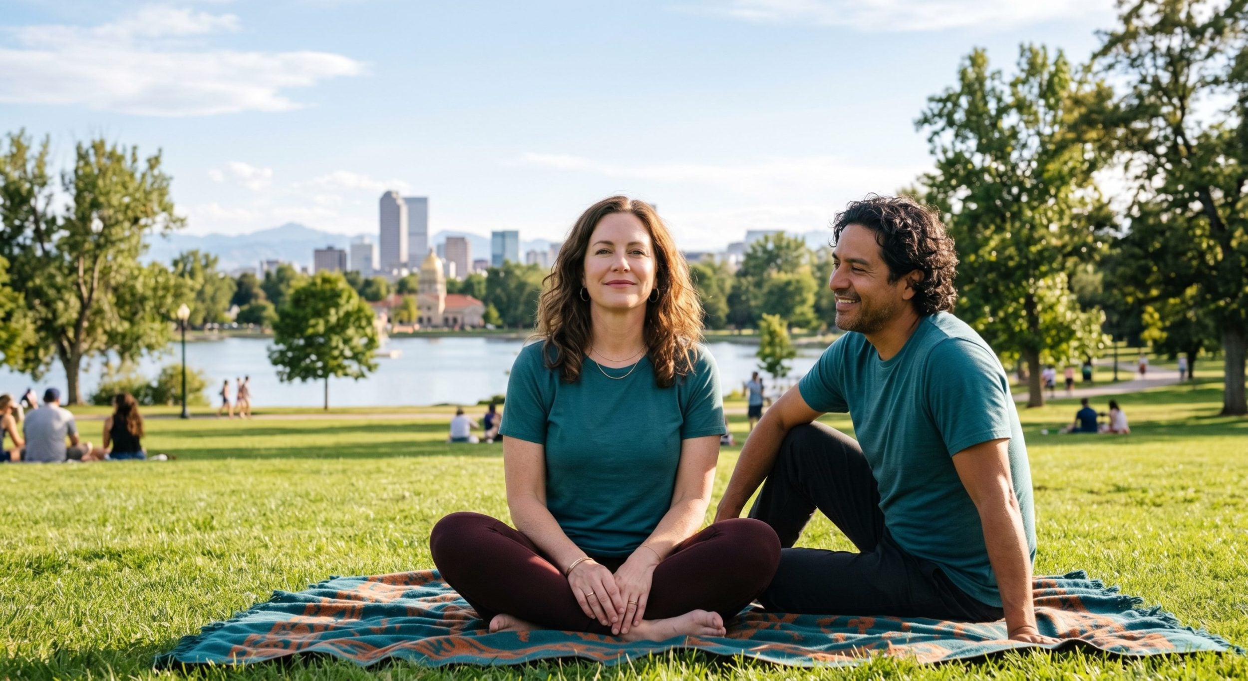 woman and man sitting in city park in denver, late 40s