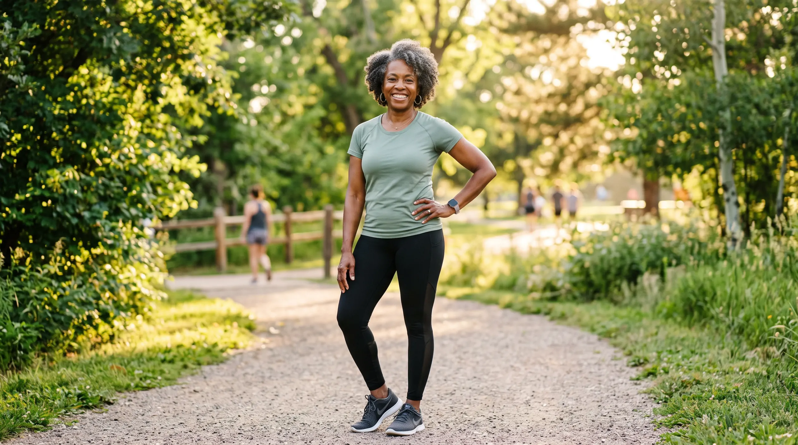 beautiful athletic woman standing in a denver park looking refreshed