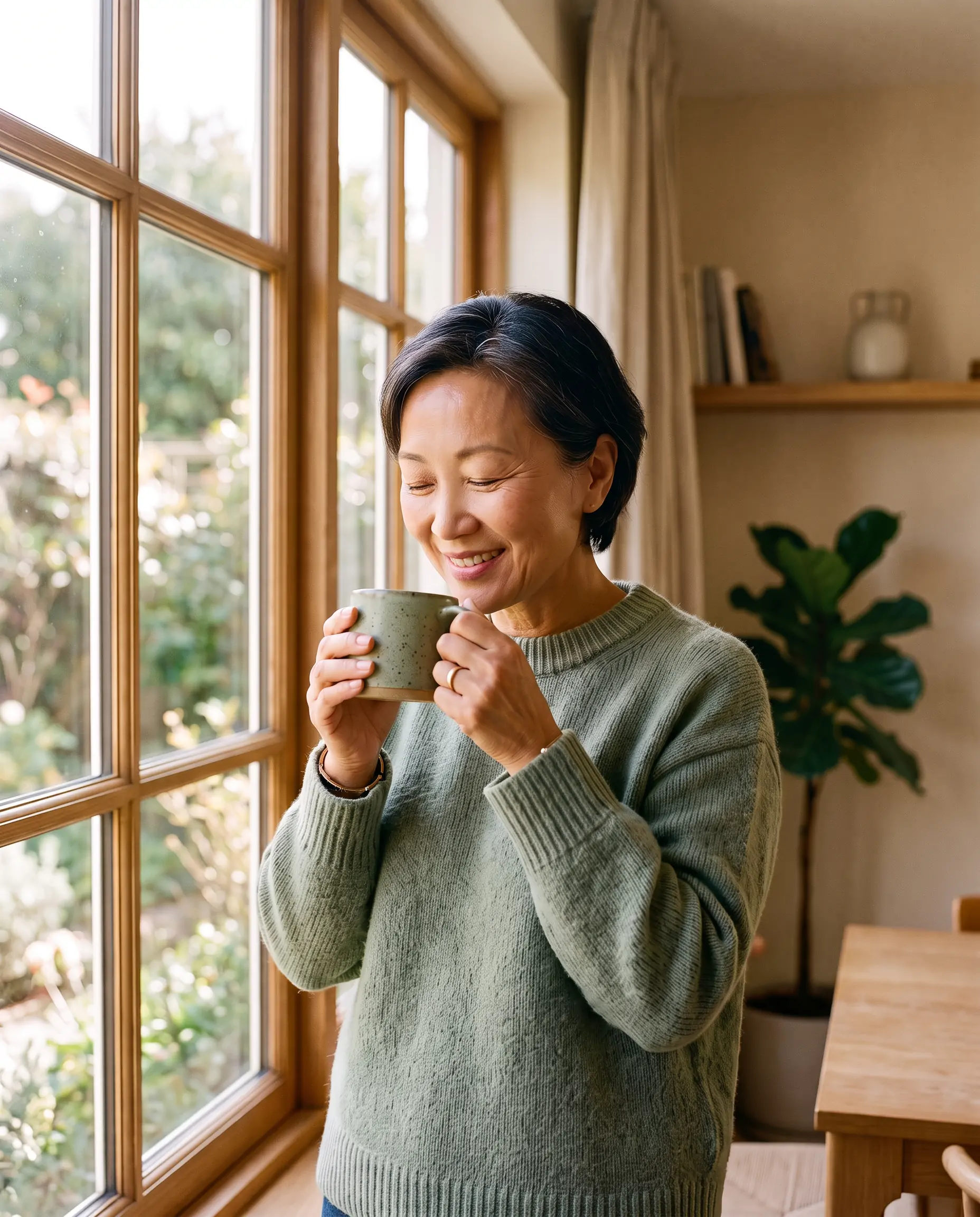 image of beautiful woman smelling her coffee in Denver