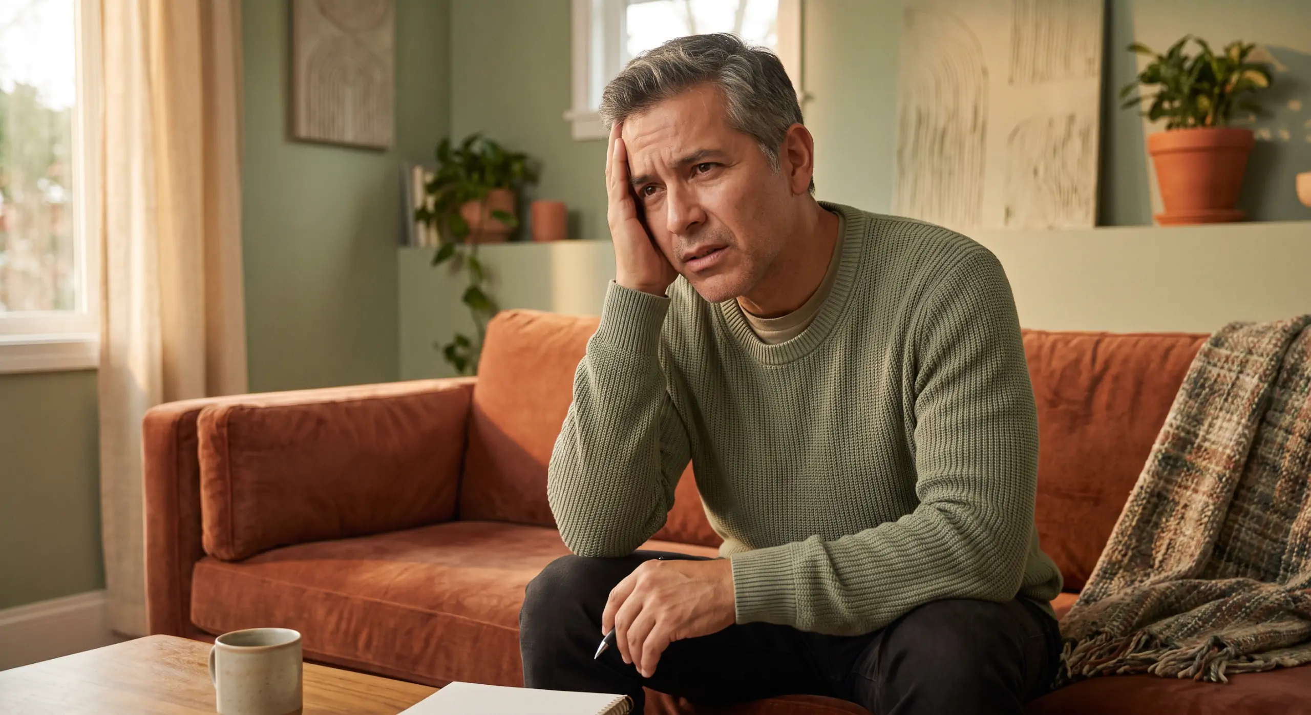 handsome man experiencing symptoms of brain fog sitting on his couch