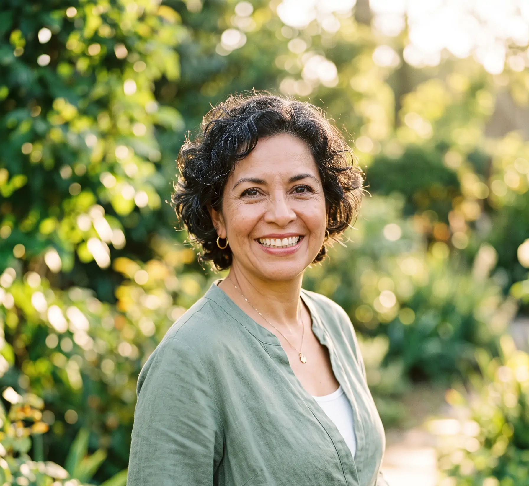 woman in her mid to late 40s standing in the forest near Denver looking rejuvenated and refreshed