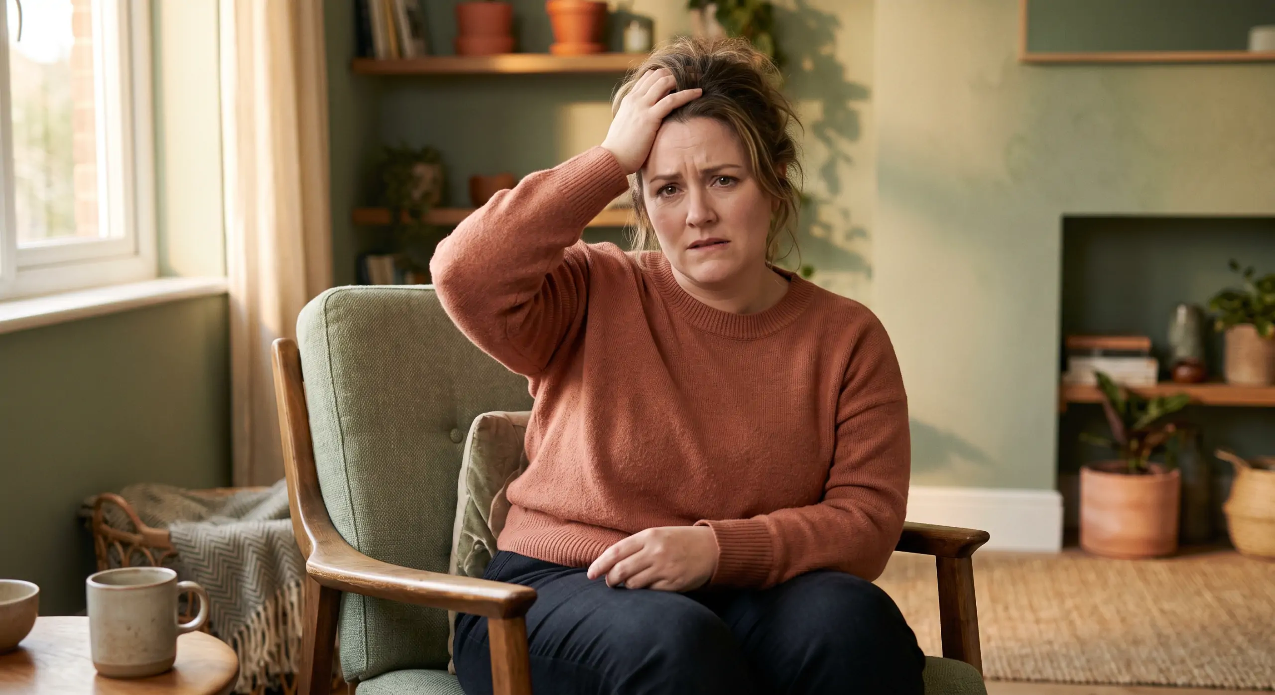 woman sitting confused on a chair in her house in Denver