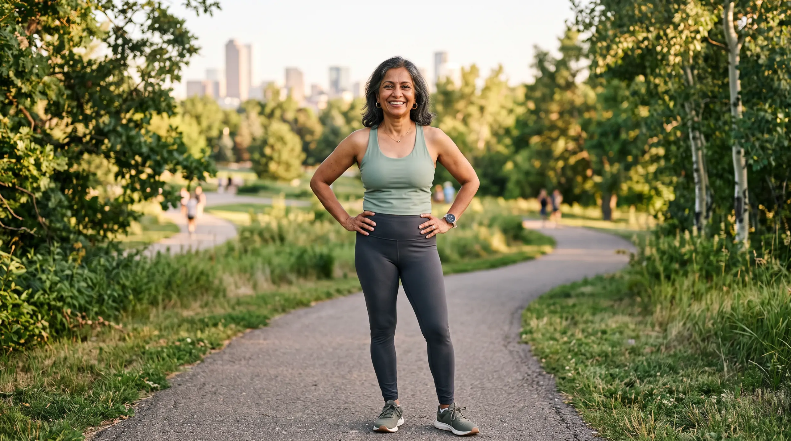 athletic woman standing near lowry, colorado, looking confident and refreshed