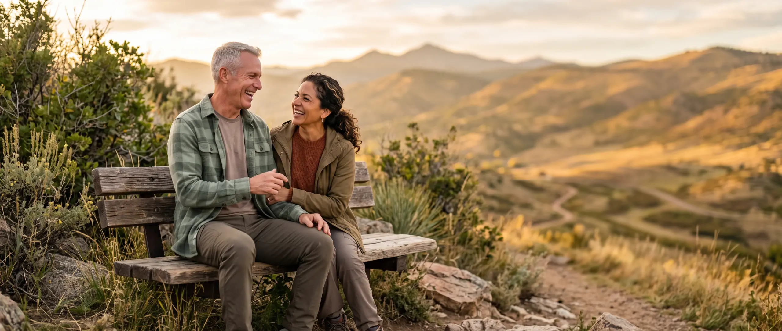 couple sitting on a bench in colorado looking revitalized