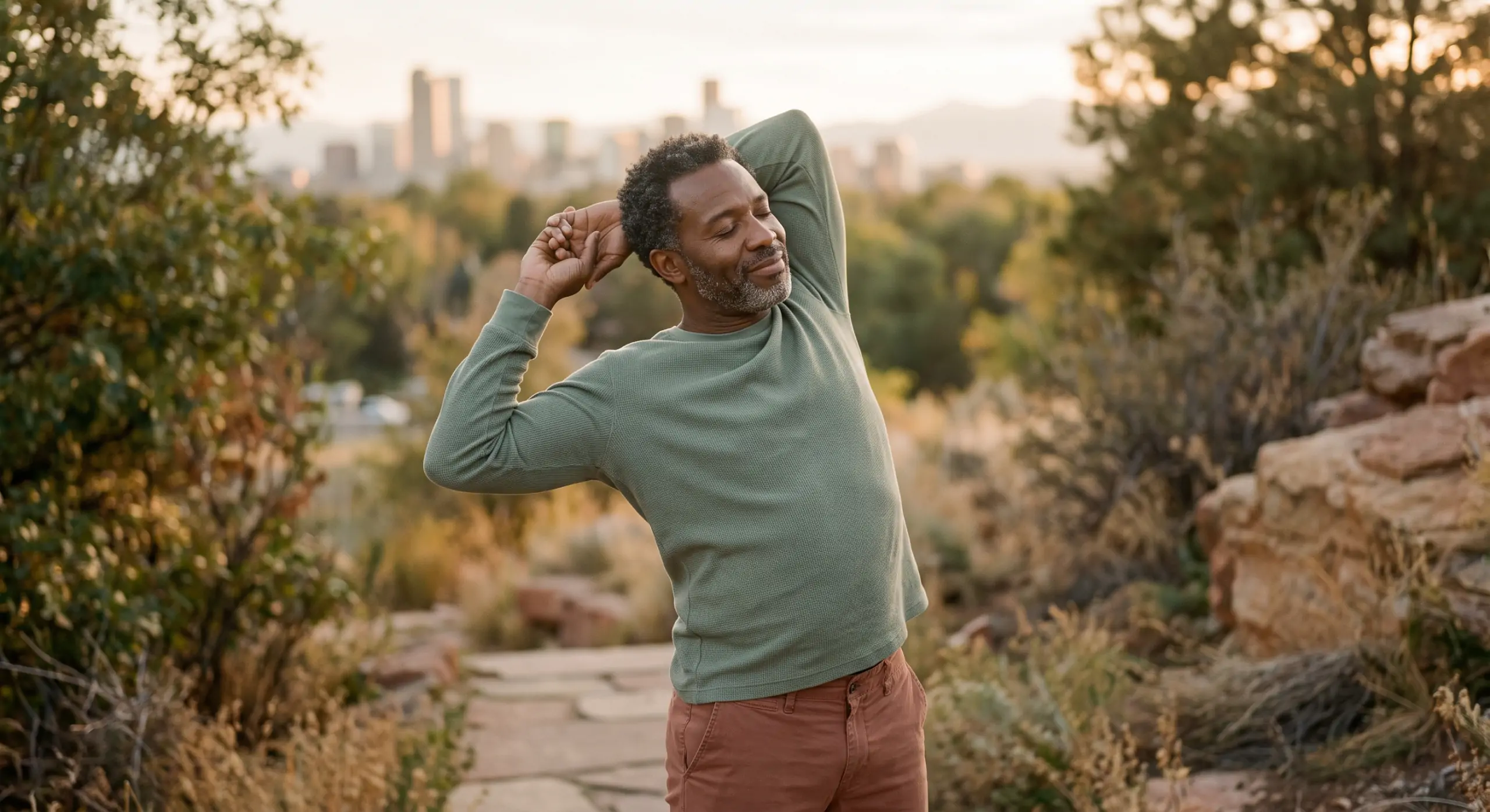 man in montclair, colorado stretching and smiling in the sunshine