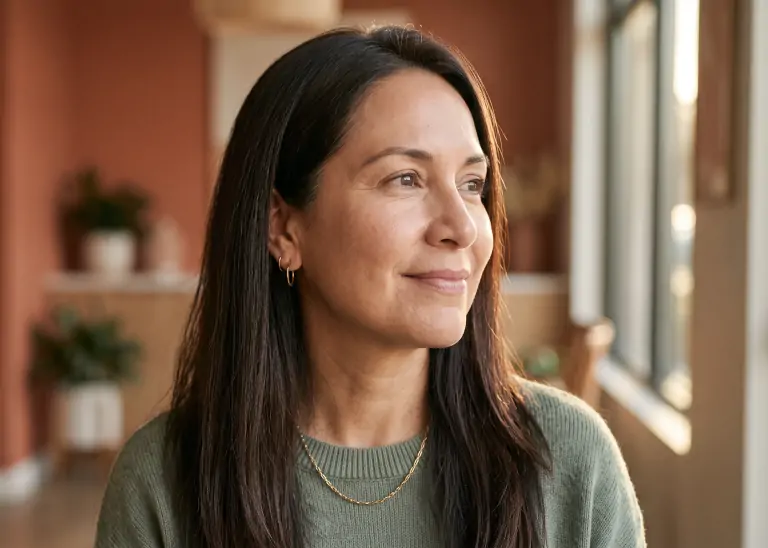 beautiful woman looking right of the camera with clear skin due to an IPL treatment